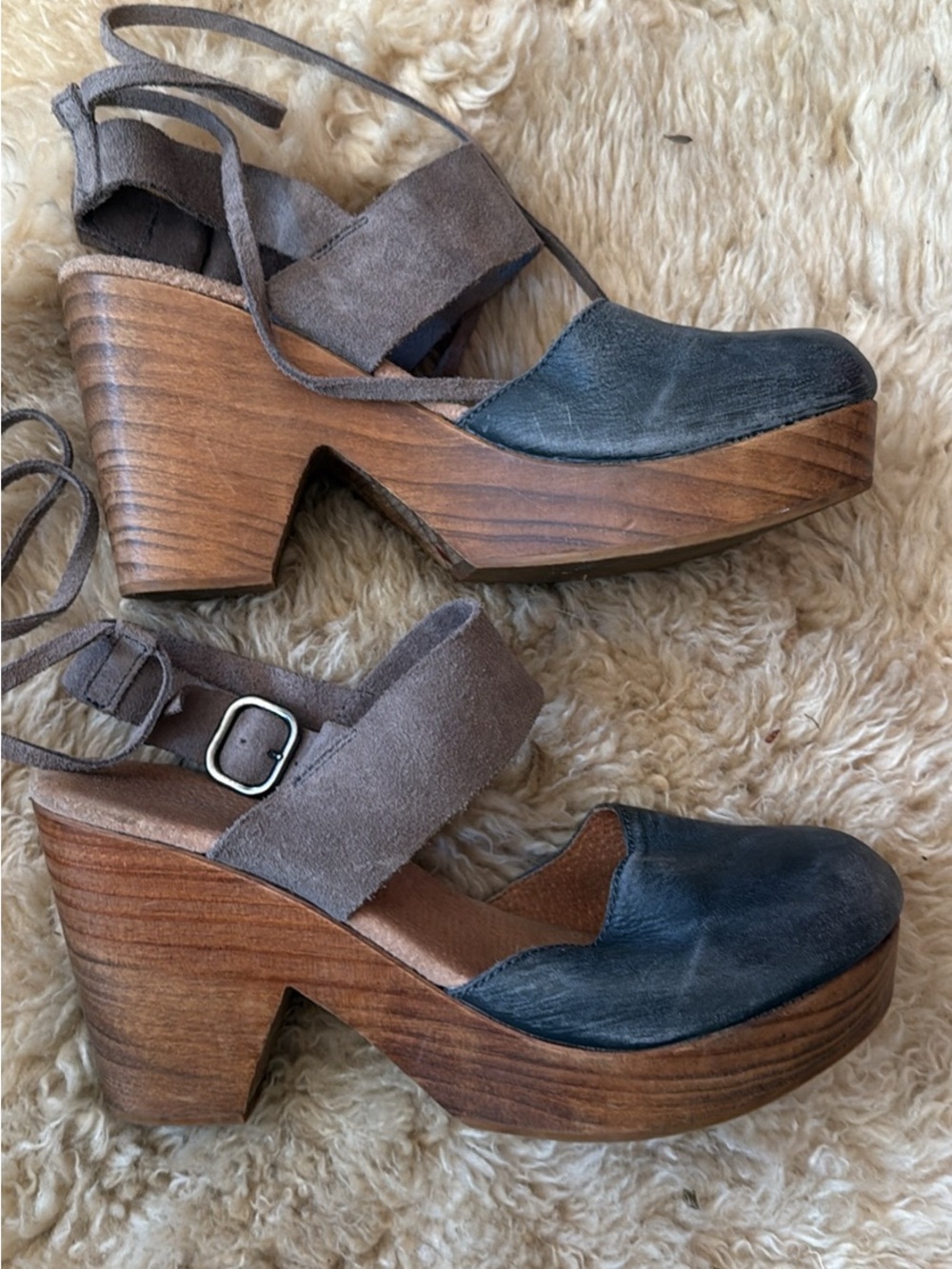 Free People Navy Leather and Grey Suede Platform Clogs
